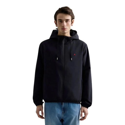 Replay men blazer black hooded polyester jacket with subtle red logo and silver zipper pulls regular fit