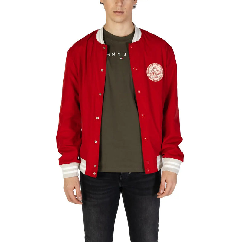Red tommy hilfiger varsity jacket with white trim and circular logo patch paired with replay men blazer red zip front pockets