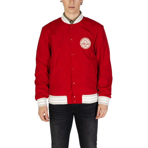 Replay men blazer red varsity jacket with white trim and circular embroidered patch on left chest front side