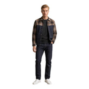 Replay Herren-Blazer aus blauem Baumwoll-Denim mit Reißverschluss und zweifarbigen, dunkelblauen und bräunlich-grauen Used-Effekten