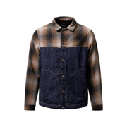Replay Herren-Blazer aus blauem Baumwoll-Denim mit Reißverschluss und zweifarbigem Design mit karierten braun-schwarzen Schultern und Ärmeln