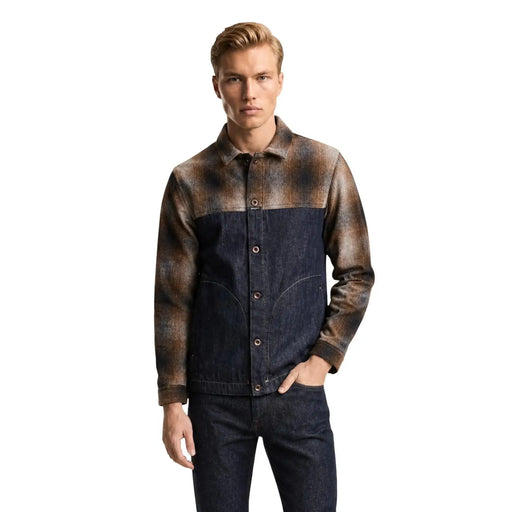 Replay men blue cotton denim zip blazer jacket featuring a two-tone design with dark indigo and mottled brown black pattern