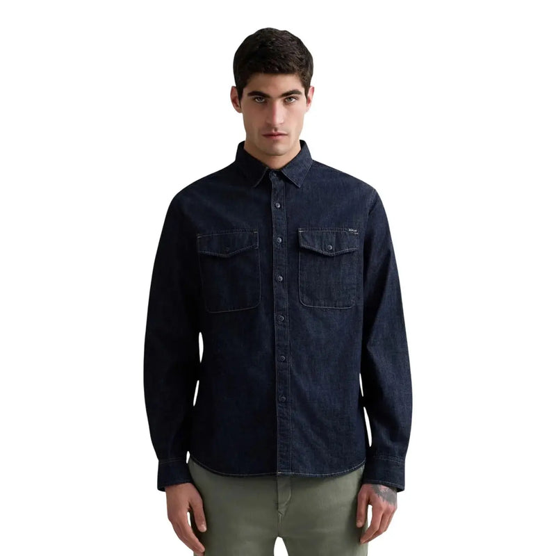 Replay Herren-Jeanshemd aus Baumwolle, langärmlig, dunkelblau, mit Knopfleiste, zwei Brusttaschen und dezentem Logo