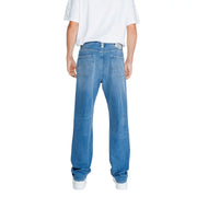 Blue denim straight-leg jeans with a faded wash and white stitching.