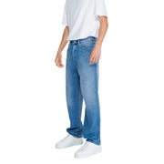 Blue denim jeans with white stitching and pockets, classic straight-leg fit.