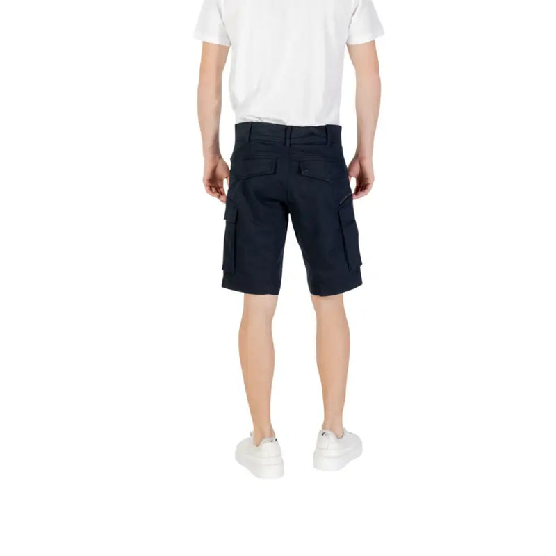 Replay men blue plain cargo shorts with multiple pockets and straight-leg cut made of durable fabric