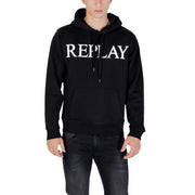 Men’s black hooded sweatshirt with white REPLAY lettering and front pocket detail