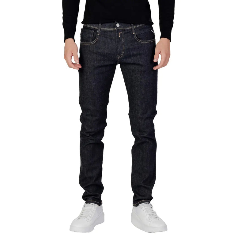 Replay men blue slim fit dark indigo denim jeans with white stitching and zip and button closure