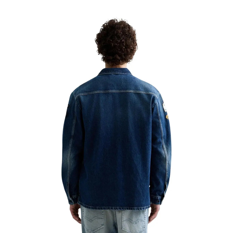 Replay Herren-Jeansblazer, blauer Baumwollblazer im klassischen Stil mit dunkelblauer Waschung und kleinem Aufnäher am linken Ärmel