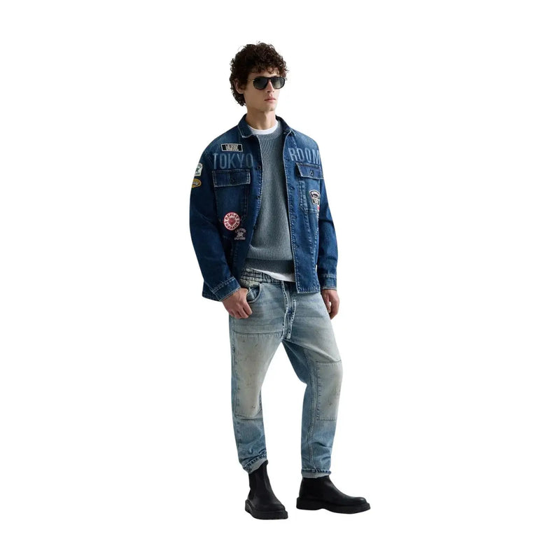 Replay Herren-Jeansblazer, blau, aus Baumwolle, klassischer Stil, mit blauer Jeansjacke, Aufnähern und gesticktem Text