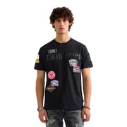 Replay men green cotton t shirt relaxed fit with black short-sleeved design and colorful tokyo room patches on chest