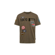 Replay men green cotton t shirt relaxed fit featuring a bold Tokyo Room graphic and colorful embroidered patches