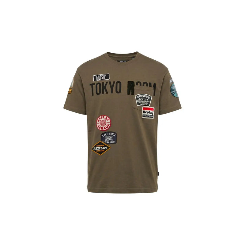 Replay men green cotton t shirt relaxed fit featuring a bold Tokyo Room graphic and colorful embroidered patches