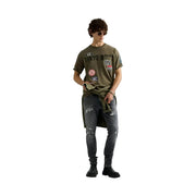 Replay men green cotton t shirt relaxed fit with olive green color short sleeves and tokyo patches on the chest
