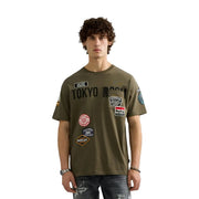 Replay men green cotton t shirt relaxed fit with olive green color bold tokyo room graphic and embroidered patches