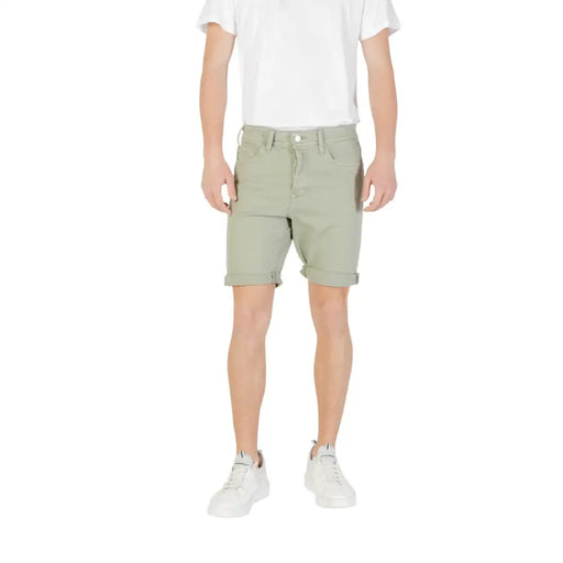 Replay men green light denim shorts with rolled cuffs and classic five-pocket design from spring summer collection