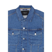 Blue denim Replay men jacket with silver buttons black brand label round neck and front pockets