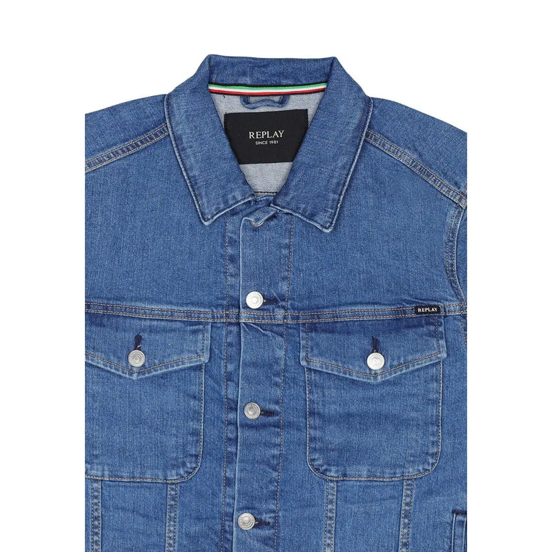 Blue denim Replay men jacket with silver buttons black brand label round neck and front pockets