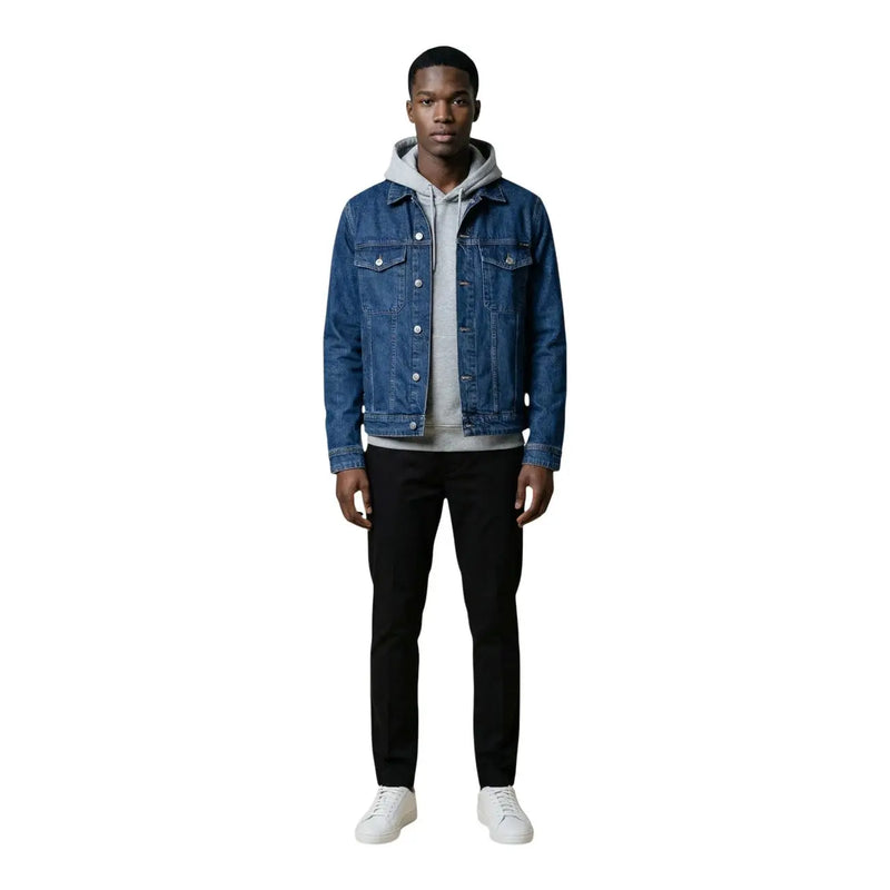 Replay men jacket in blue denim with silver buttons and a hooded sweatshirt underneath featuring front pockets