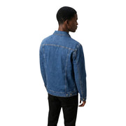 Replay men jacket blue classic medium-wash denim with round neck, front pockets, classic stitching, and buttoned cuffs