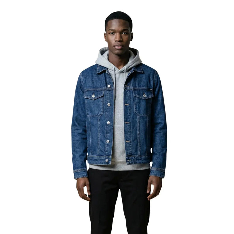 Replay men jacket blue classic round neck denim with silver buttons and front pockets in a classic fit