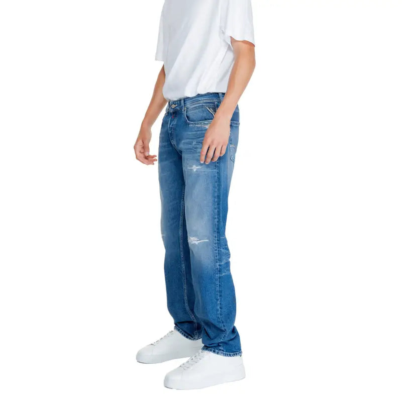 Replay men jeans blue plain zip button ma972p.000 size 32 made of denim with distressed patches and classic five-pocket design