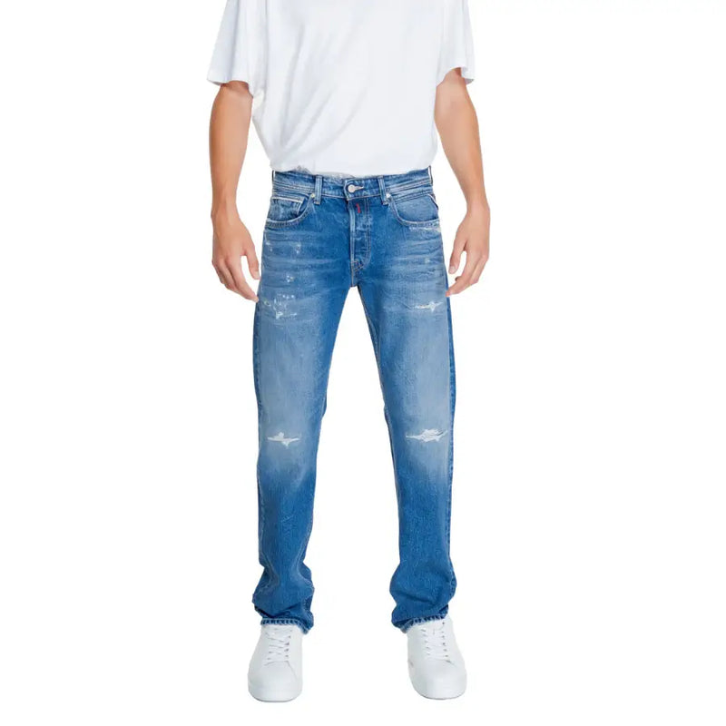 Replay men jeans blue plain zip button with distressed denim classic five-pocket design and faded wash size 32