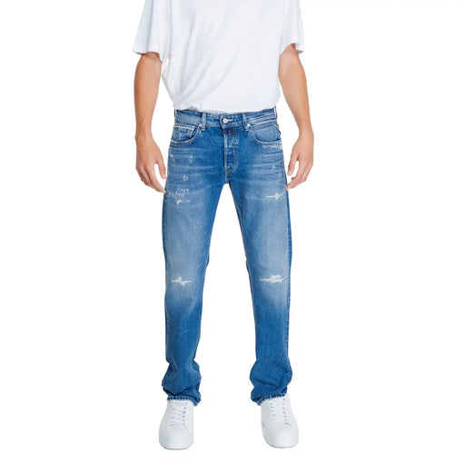 Replay men jeans blue plain zip button with distressed denim classic five-pocket design and faded wash size 32