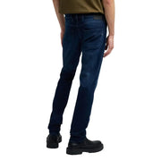 Replay Herrenjeans, blau, mit Reißverschluss und Knopf, schmale Passform, dunkelindigofarbener Denim mit dezenter Auswaschung an den Oberschenkeln