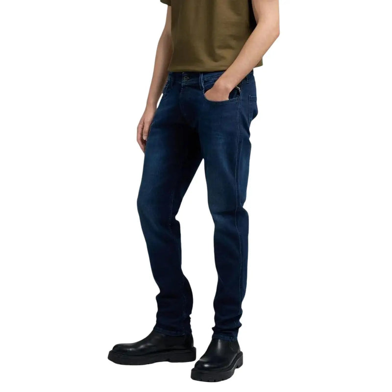 Dark blue slim-fit Replay men jeans with zip button closure classic five-pocket design and subtle thigh fading