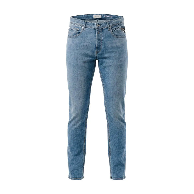 Replay men jeans light blue slim fit cotton stretch denim with classic five-pocket design