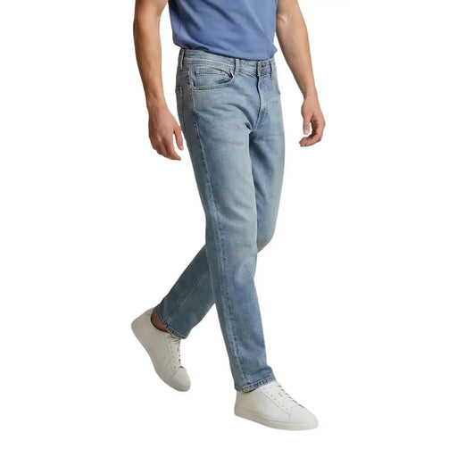 Replay Herrenjeans, hellblau, reguläre schmale Passform, Baumwollstretch, helle Waschung, klassisches Five-Pocket-Design mit geradem Bein.