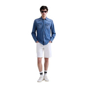 Replay men shirt blue denim long-sleeved with two chest pockets and buttoned cuffs for casual wear