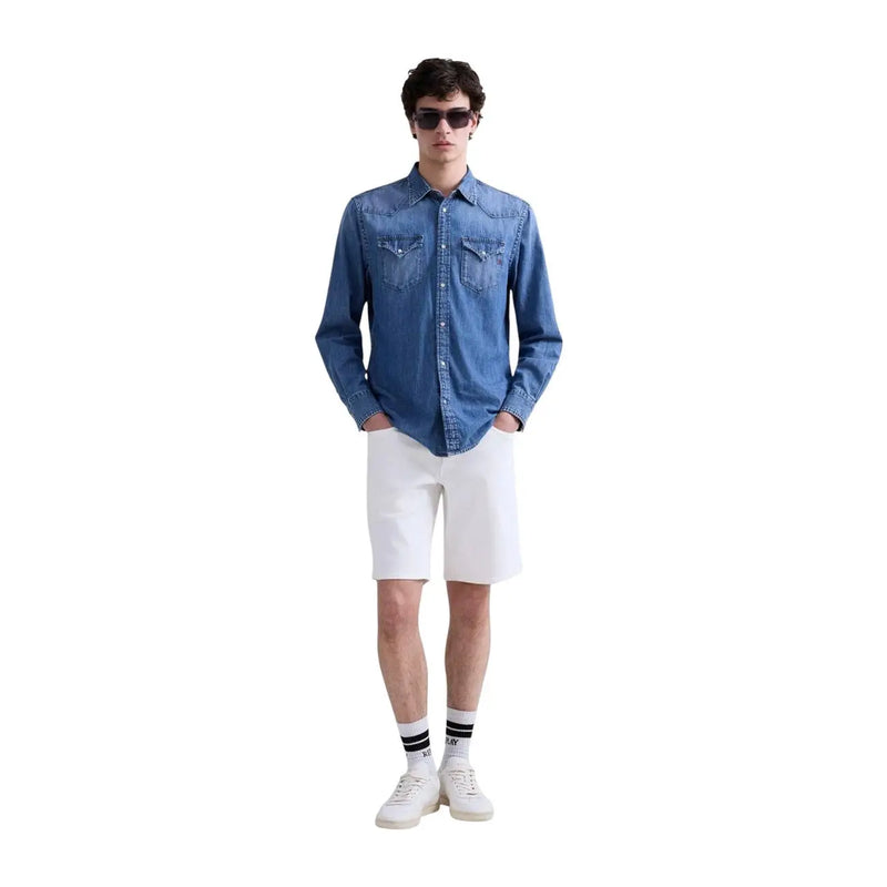 Replay men shirt blue denim long-sleeved with two chest pockets and buttoned cuffs for casual wear