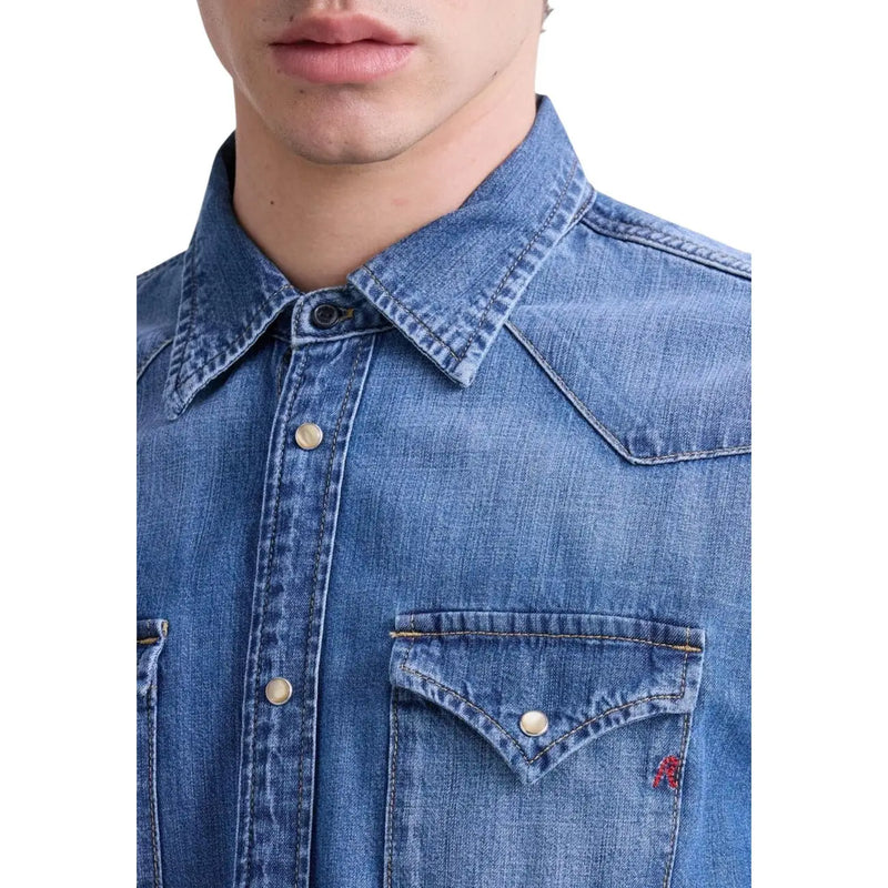 Replay men shirt medium-wash blue denim with classic collar chest pocket and subtle stitching details