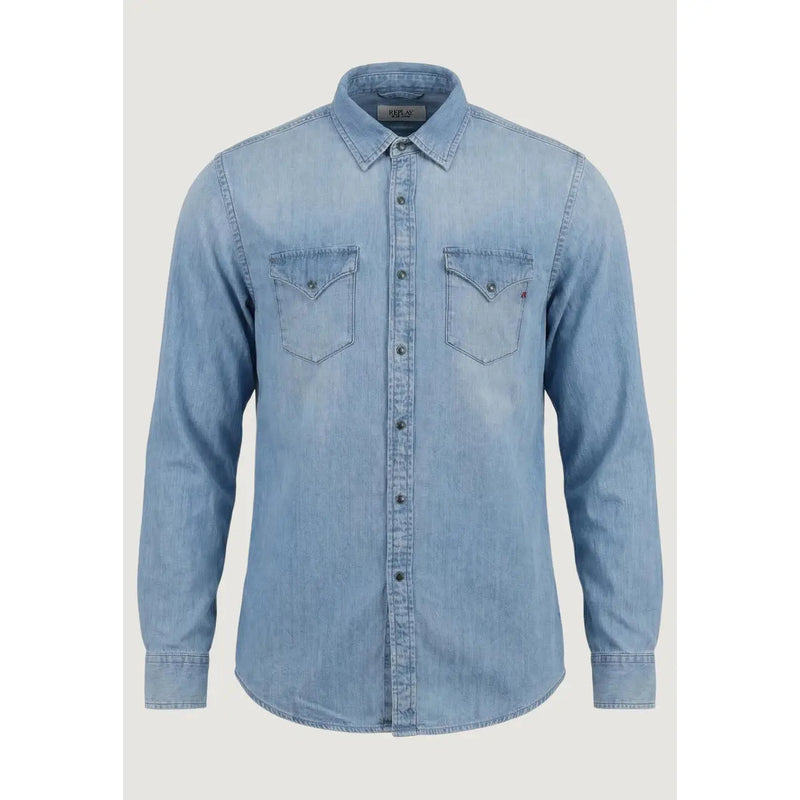 Light blue denim button-up Replay men shirt with two chest pockets and a classic collar
