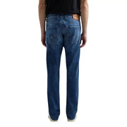 Replay men straight leg jeans in blue cotton stretch denim featuring a dark blue color with subtle thigh fading