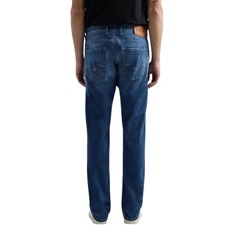 Replay men straight leg jeans in blue cotton stretch denim featuring a dark blue color with subtle thigh fading