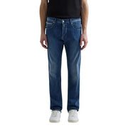Replay men straight leg jeans in dark blue cotton stretch denim with classic five-pocket design