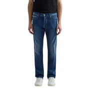 Replay men straight leg jeans in dark blue cotton stretch denim with classic five-pocket design