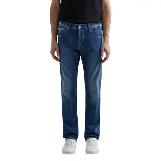 Replay men straight leg jeans in dark blue cotton stretch denim with classic five-pocket design