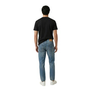 Replay men t-shirt paired with light-wash denim jeans featuring a classic five-pocket design and leather patch on back waistband