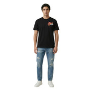 Replay men t-shirt black short-sleeved cotton with red and white cuson logo on the chest