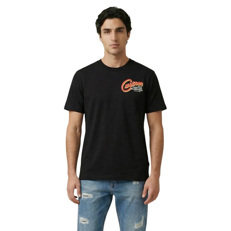 Replay men black cotton t-shirt featuring a bold orange and white custom customs logo on the chest