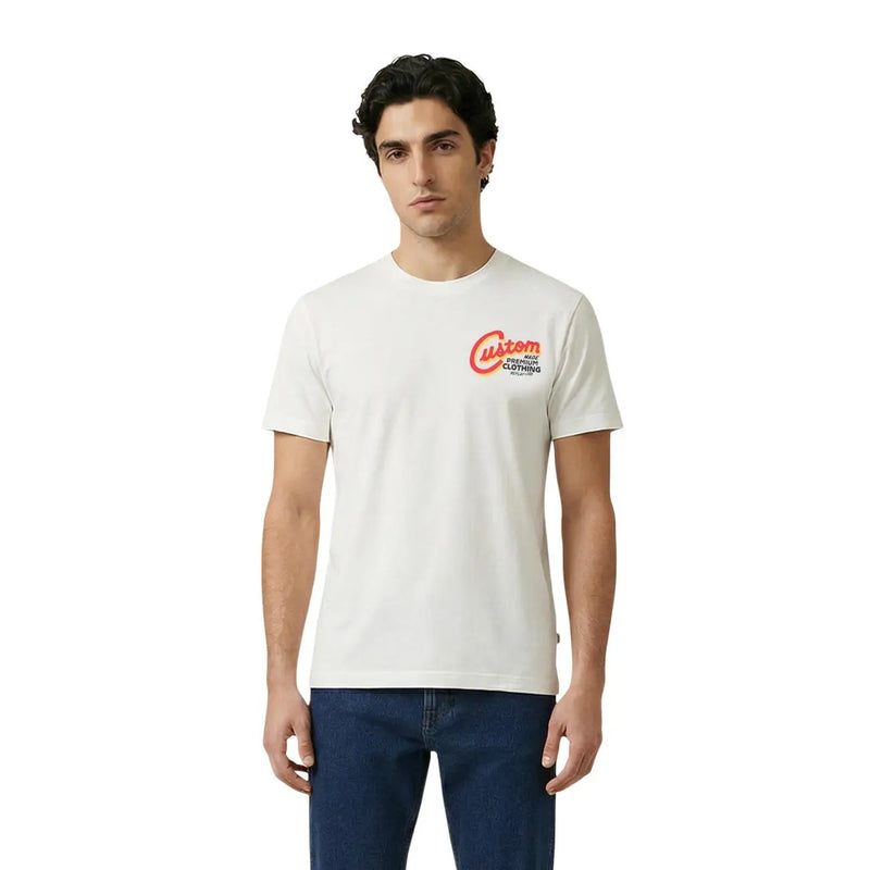 Off-white cotton replay men t shirt with red and black custom logo and premium clothing text on front in black print