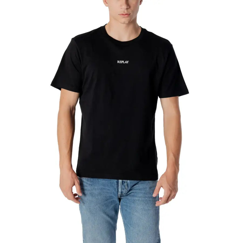 Replay men t-shirt in black cotton with a subtle white logo on the chest for casual wear