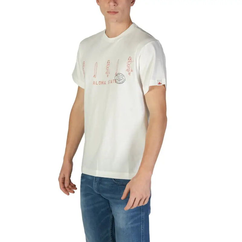 Wiederholungsmänner t-shirt weiße Baumwolle mit rotem Surfer-Grafikdruck und Aloha-State-Schriftzug auf der Vorderseite