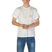 Weiße Baumwolle Replay Herren t-shirt mit pinkfarbenen Hula-Tänzerinnen und Surfbrettern als Grafikdruck und dem Text „Aloha State“.