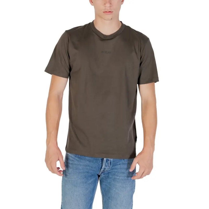 Replay men t-shirt olive green short-sleeved crew neck with subtle embroidered logo on the left chest