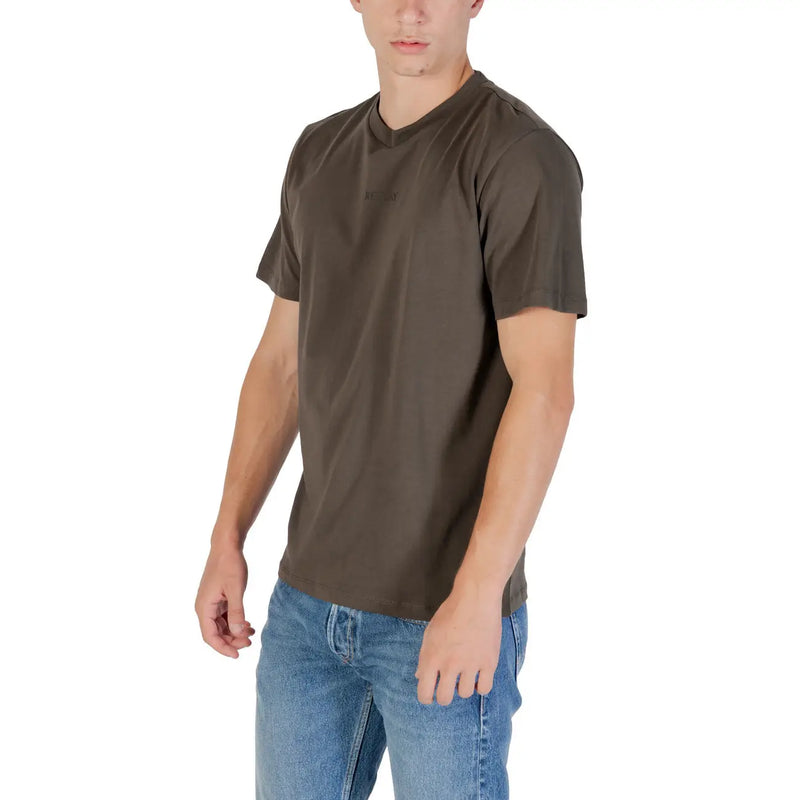 Replay men olive green cotton t-shirt with classic crew neck and short sleeves for casual wear